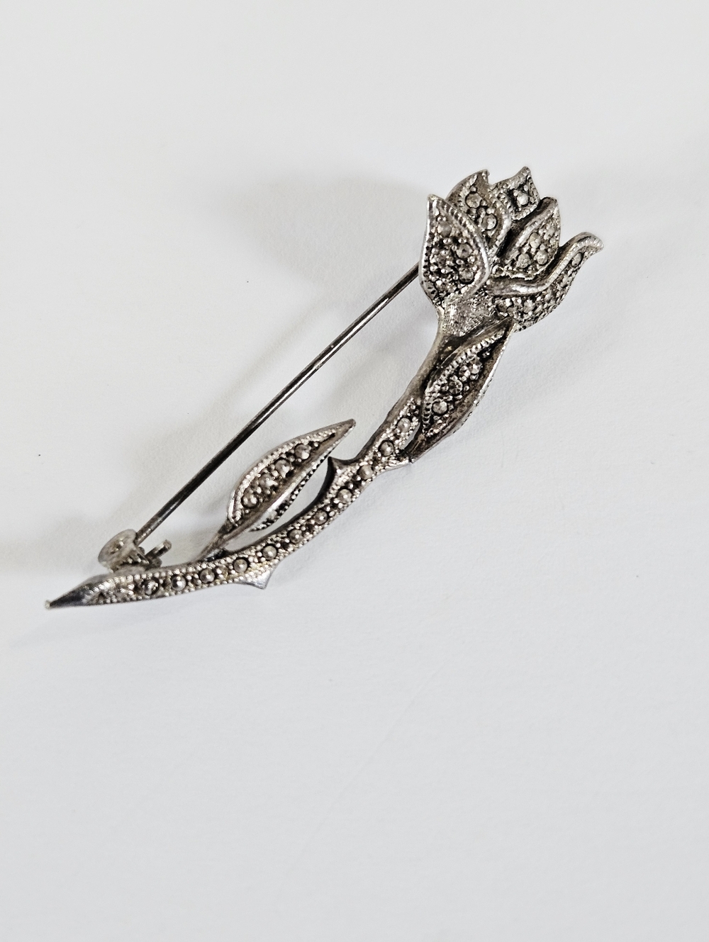 Vintage Silver Marcasite Studded Single Stem Rose Floral Decorative Brooch Pin